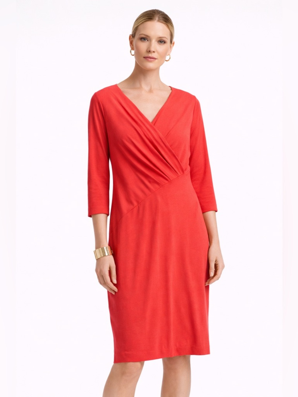 Lafayette 148 Coral Faux Wrap Dress 3/4 Sleeve Knee Length Size 10 Classic Chic